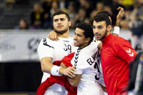 190116 Players of Egypt celebrates during the IHF World Handball Championship match between Hungary and Egypt on January 16 2019 in Copenhagen Photo Ludvig Thunman BILDBYR u0081N kod LT 35579, detectedSourceLanguage  Copyright: LUDVIGxTHUNMAN BB190116LT002
