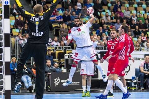 Munich Germany 16 January 2019 World Cup 2019 Men Group B Croatia vs. Bahrain vs. Torhueter Ivan Stevanovic Croatia Ahmed Jalal Bahrain Luka Cindric Croatia Manuel Strlek Croatia Munich Olympic Hall Bayern Germany
