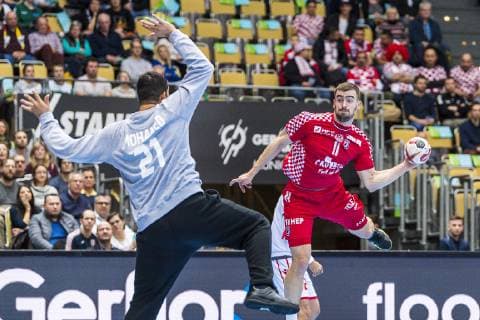 Munich Germany 16 January 2019 World Cup 2019 Men Group B Croatia vs. Bahrain vs. li Goalkeeper Mohamed A Husain Bahrain Ivan Vida Croatia Munich Olympic Hall Bayern Germany