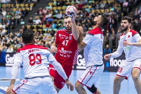 Munich Germany 16 January 2019 WM 2019 Men Group B Croatia vs Bahrain vs Mahdi Saad Bahrain Jakov Vrankovic Croatia Munich Olympic Hall Bayern Germany