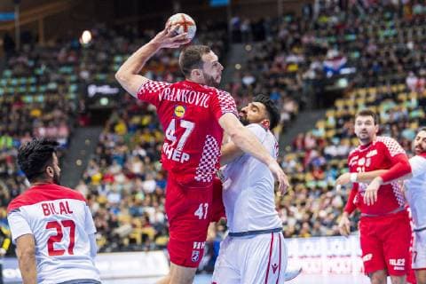 Munich Germany 16 January 2019 World Cup 2019 Men Group B Croatia vs Bahrain vs Bilal Basham Bahrain Jakov Vrankovic Croatia Mohamed Merza Bahrain Munich Olympic Hall Bayern Germany