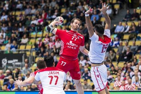 Munich Germany 16 January 2019 World Championship 2019 Men Group B Croatia vs Bahrain vs Jasmin Alsalatna Bahrain Damir Bicanic Croatia Mohamed Merza Bahrain Munich Olympic Hall Bayern Germany
