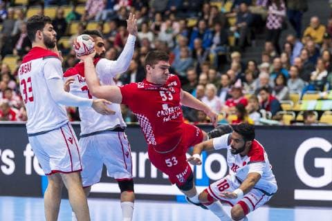 Munich Germany 16 January 2019 World Cup 2019 Men Group B Croatia vs. Bahrain vs. li Hasan Madan Bahrain Marin Sipic Croatia Ahmed Jalal Bahrain Munich Olympic Hall Bayern Germany