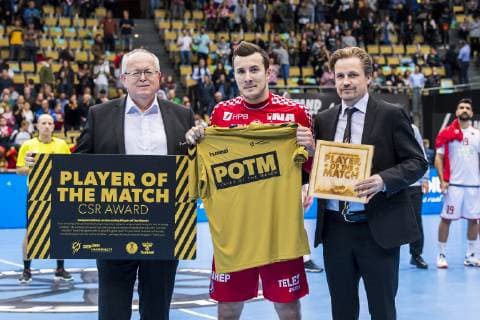 Munich Germany 16 January 2019 World Cup 2019 Men Group B Croatia vs Bahrain v left Hans Artschwager Player of the Match Manuel Strlek Croatia Crhistoph Wendt Munich Olympic Hall Bayern Germany