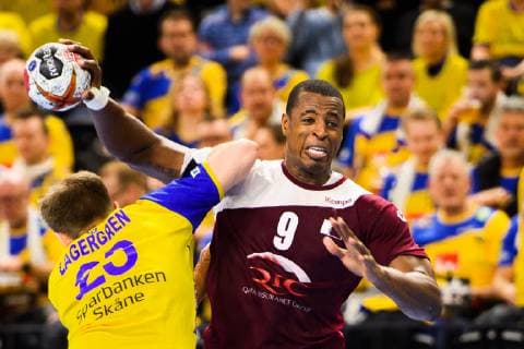 190116 Albin Lagergren of Sweden and Rafael Capote of Qatar during the IHF World Handball Championship match between Qatar and Sweden on January 16 2019 in Copenhagen Photo Ludvig Thunman BILDBYR u0081N kod LT 35580,  Copyright: LUDVIGxTHUNMAN BB190116LT057