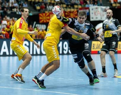 Munich Germany 16 01 2019 IHF Handball WM 2019 Group B Macedonia Spain Velko Markoski MKD and Julen Aguinagalde ESP in the duel DeFodi048