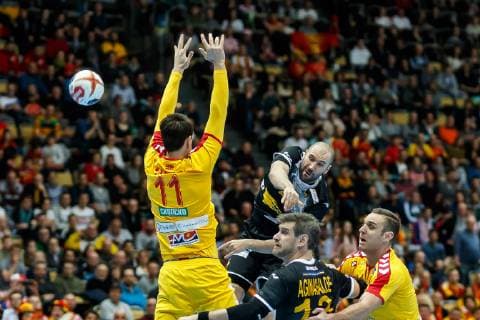 Munich Germany 16 01 2019 IHF Handball WM 2019 Group B Macedonia Spain Filip Taleski MKD and Joan Canellas ESP in the total DeFodi048