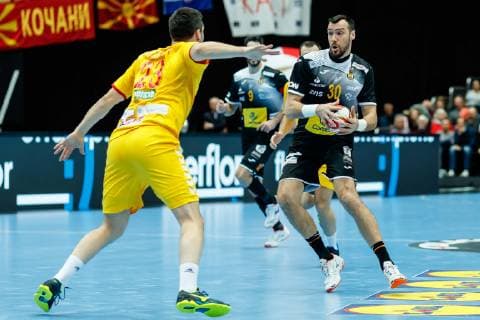 Munich Germany 16 01 2019 IHF Handball WM 2019 Group B Macedonia Spain Filip Lazarov MKD and Gedeon Guardiola ESP in the total DeFodi048