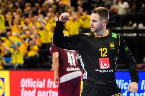 190116 Goalkeeper Andreas Palicka of Sweden celebrates during the IHF World Handball Championship match between Qatar and Sweden on January 16 2019 in Copenhagen Photo Ludvig Thunman BILDBYR u0081N kod LT 35580,  Copyright: LUDVIGxTHUNMAN BB190116LT064