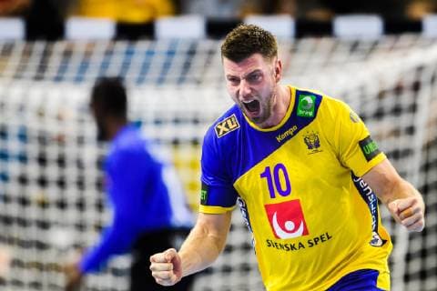 190116 Niclas Ekberg of Sweden celebrates during the IHF World Handball Championship match between Qatar and Sweden on January 16 2019 in Copenhagen Photo Ludvig Thunman BILDBYR u0081N kod LT 35580,  Copyright: LUDVIGxTHUNMAN BB190116LT066
