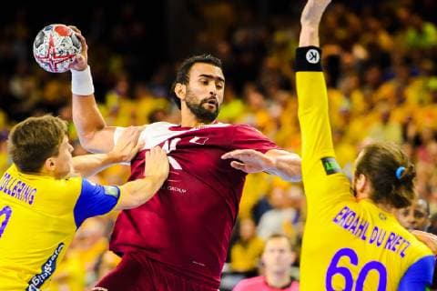 190116 Frankis Marzo of Qatar in a duel with Jerry Tollbring and Kim Ekdahl du Rietz of Sweden during the IHF World Handball Championship match between Qatar and Sweden on January 16 2019 in Copenhagen Photo Ludvig Thunman BILDBYR u0081N kod LT 35580,  Copyright: LUDVIGxTHUNMAN BB190116LT071