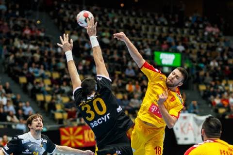 Munich Germany 16 01 2019 IHF Handball WM 2019 Group B Macedonia Spain Gedeon Guardiola ESP and Filip Kuzmanovski MKD in the total DeFodi048