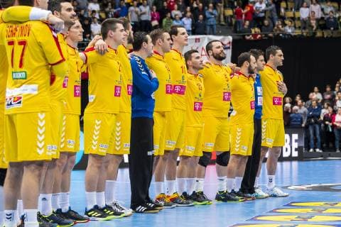 Munich Germany 16 January 2019 World Cup 2019 Men Group B Macedonia vs Spain Macedonias Team at the National Anthem Munich Olympic Hall Bayern Germany
