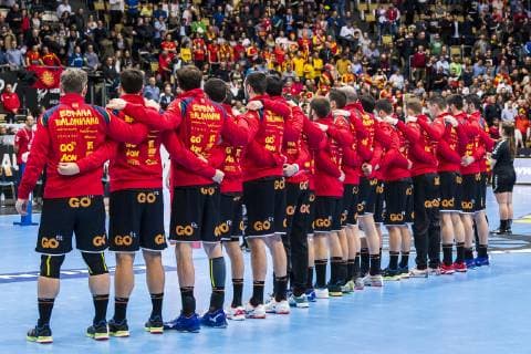 Munich Germany 16 January 2019 World Cup 2019 Men Group B Macedonia vs Spain Spains Team at the National Anthem Munich Olympic Hall Bayern Germany