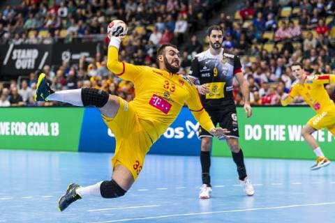 Munich Germany 16 January 2019 World Cup 2019 Men Group B Macedonia vs Spain Zharko Peshevski Macedonia Raul Entrerrios Rodriguez Spain Munich Olympic Hall Bayern Germany