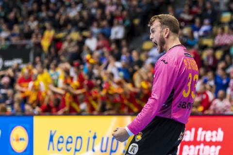 Munich Germany 16 January 2019 World Cup 2019 Men Group B Macedonia vs Spain Goalkeeper Gonzalo Perez de Vargas Spain Jubilation Joy Emotion Munich Olympic Hall Bayern Germany