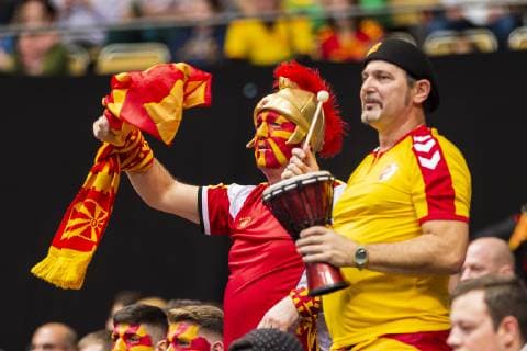 Munich Germany 16 January 2019 World Cup 2019 Men Group B Macedonia vs Spain Fan curve Fans Fan block Macedonia Munich Olympic Hall Bayern Germany