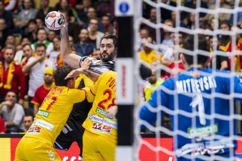 Munich Germany 16 January 2019 World Cup 2019 Men Group B Macedonia vs Spain vs Martin Serafimov Macedonia Raul Entrerrios Rodriguez Spain Martin Popovski Macedonia Torhueter Nikola Mitrevski Macedonia Munich Olympic Hall Bayern Germany