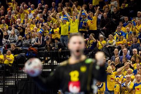 190116 Supporters of Sweden celebrate in the stands wotj goalkeeper Andreas Palicka blurry in the foreground during the IHF World Handball Championship match between Qatar and Sweden on January 16 2019 in Copenhagen Photo Ludvig Thunman BILDBYR u0081N kod LT 35580,  Copyright: LUDVIGxTHUNMAN BB190116LT089