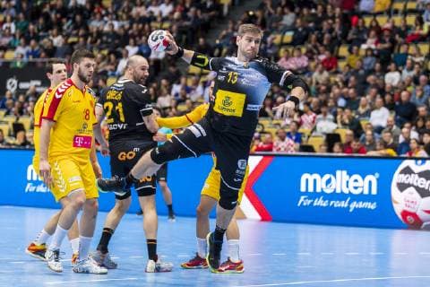 Munich Germany 16 January 2019 World Cup 2019 Men Group B Macedonia vs Spain vs Filip Kuzmanovski Macedonia Joan Canellas Spain Julen Aguinagalde Spain Munich Olympic Hall Bayern Germany