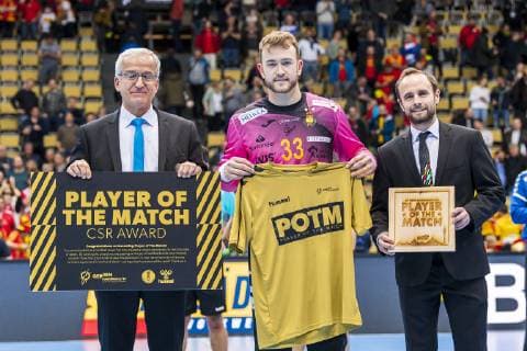 Munich Germany 16 January 2019 World Cup 2019 Men Group B Macedonia vs Spain Player of the Match Goalkeeper Gonzalo Perez de Vargas Spain Munich Olympic Hall Bayern Germany