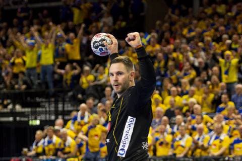 190116 Goalkeeper Andreas Palicka of Sweden celebrates during the IHF World Handball Championship match between Qatar and Sweden on January 16 2019 in Copenhagen Photo Ludvig Thunman BILDBYR u0081N kod LT 35580,  Copyright: LUDVIGxTHUNMAN BB190116LT090