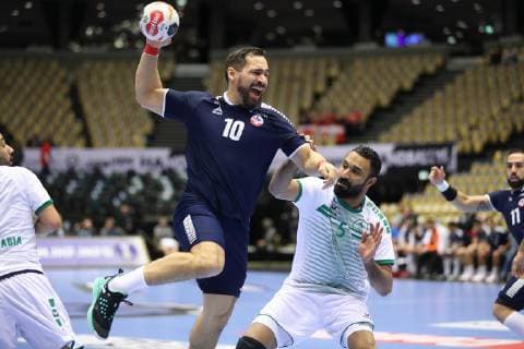26th Mens Handball World Championship Chile vs Saudi Arabia 17 01 19 Emil Feuchtmann Chile 10 against Abdullah Alabbas Saudi Arabia 03 and Hassan Aljanabi Saudi Arabia 05 xmmkx