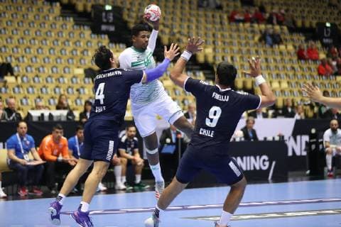 26th Mens Handball World Championship Chile vs. Saudi Arabia 17 01 19 Abdulaziz Khayri Saudi Arabia 66 vs. Javer Frelijj Chile 09 and Erwin Feuchtmann Chile 04 xmmkx