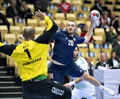 Sebastian Pavez of Chile against Goalkeeper Amro Mohammed of Saudi Arabia during the men s IHF Handball World Championship Group C match between Chile and Saudi Arabia in Herning Denmark Thursday Jan 17 2019 Herning Jylland Denmark,  Copyright: HenningxBagger HenningxBaggerx COP105 spdk20190117-164727-L