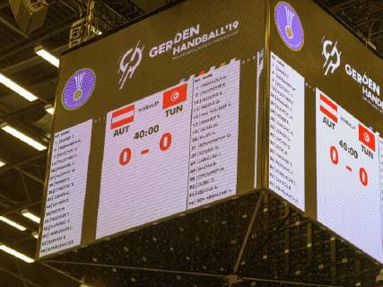 HANDBALL - IHF WC, AUT vs TUN HERNING,DENMARK,17.JAN.19 - HANDBALL - IHF Men s World Championships, international match Länderspiel Austria vs Tunisia. Image shows a scoreboard. GEPAxpictures xOliverxLerch