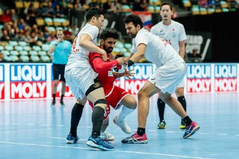 Munich Germany 17 01 2019 IHF Handball WM 2019 Group B Bahrain Japan Kohei Narita JPN Hiroyasu Tamakawa JPN and Jin Watanabe JPN in the total DeFodi048