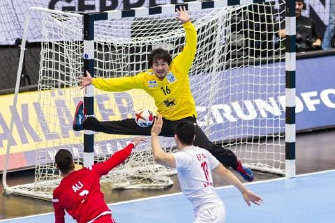 Munich Germany 17 January 2019 World Cup 2019 Men Group B Bahrain vs Japan vs Ali Merza Bahrain Akihito Kai Japan Kohei Narita Japan Munich Olympic Hall Bayern Germany