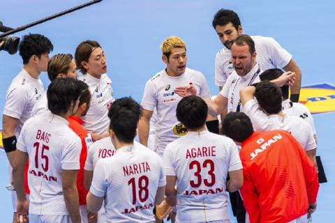 Munich Germany 17 January 2019 World Cup 2019 Men Group B Bahrain vs Japan Coach Dagur Sigurdsson Japan in time-out Team Japan Munich Olympic Hall Bayern Germany