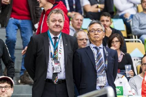 Munich Germany 17 January 2019 World Cup 2019 Men Group B Bahrain vs Japan Team manager Japan Thomas Otto Fuechse Berlin Takafumi Inafuku LOC Japan Munich Olympic Hall Bavaria Germany