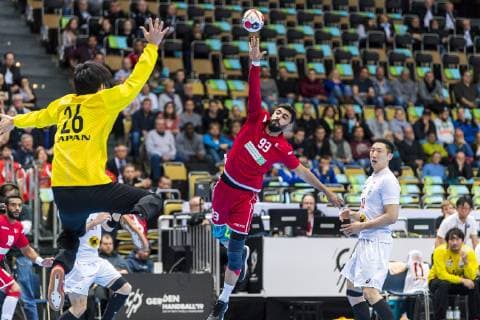 Munich Germany 17 January 2019 World Cup 2019 Men Group B Bahrain vs Japan vs Yuki Kubo Japan Mohamed Habib Bahrain Munich Olympic Hall Bavaria Germany