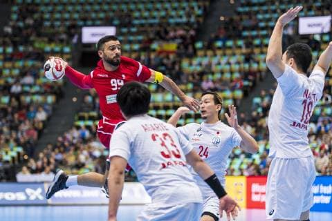 Munich Germany 17 January 2019 World Cup 2019 Men Group B Bahrain vs Japan vs Husain Alsayyad Bahrain Yuto Agarie Japan Hiroki Shida Japan Kohei Narita Japan Munich Olympic Hall Bayern Germany
