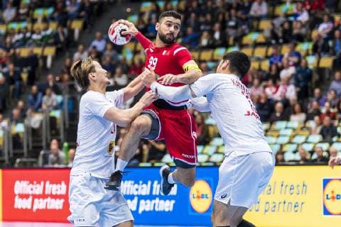 Munich Germany 17 January 2019 World Cup 2019 Men Group B Bahrain vs Japan vs Hiroki Shida Japan Husain Alsayyad Bahrain Kohei Narita Japan Munich Olympic Hall Bayern Germany