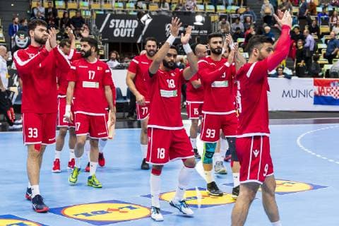 Munich Germany 17 January 2019 World Cup 2019 men group B Bahrain vs Japan the team of Bahrain final cheer final cheer emotion joy Munich Olympic Hall Bavaria Germany