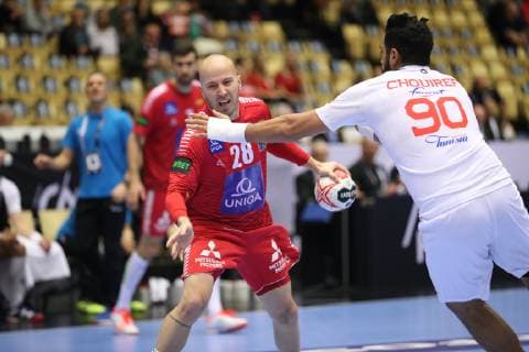 26th Mens Handball World Championship Austria vs Tunisia 17 01 19 Robert Weber Austria 28 vs Marouane Chouiref Tunisia 90 xmmkx