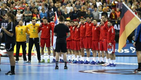 Team Serbia at the national anthem before the match Germany vs. Serbia the Handball World Championship 2019 Mens on 17 01 2019 in the Mercedes Benz Arena in Berlin Handball World Championship 2019 Group A Germany Serbia