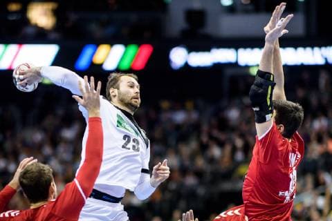 Germany vs. Serbia Handball World Championship 2019 17 01 2019 Steffen Faeth GER 23 and Drasko Nenadic SRB 15 at the match between Germany and Serbia at the Handball World Championship in Berlin on 17 01 2019 Berlin BER Germany Mercedes Benz Arena
