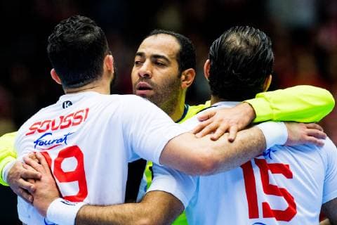 190117 Goalkeeper Makrem Missaoui of Tunisia celebrates during the IHF World Handball Championship match between Austria and Tunisia on January 17 2019 in Herning Photo Jon Olav Nesvold BILDBYR u0081N kod JE 160405,  Copyright: JONxOLAVxNESVOLD BB190117JE051