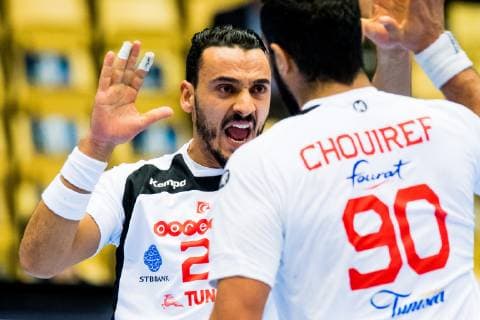 190117 Oussama Boughanmi of Tunisia celebrates during the IHF World Handball Championship match between Austria and Tunisia on January 17 2019 in Herning Photo Jon Olav Nesvold BILDBYR u0081N kod JE 160405,  Copyright: JONxOLAVxNESVOLD BB190117JE059