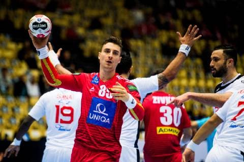 190117 Lukas Herburger of Austria during the IHF World Handball Championship match between Austria and Tunisia on January 17 2019 in Herning Photo Jon Olav Nesvold BILDBYR u0081N kod JE 160405,  Copyright: JONxOLAVxNESVOLD BB190117JE064