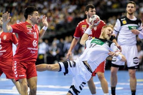 Germany vs. Serbia Handball World Championship 2019 17 01 2019 l r Nemanja Ilic SRB 19 Matthias Musche GER 37 and Drasko Nenadic SRB 15 and Hendrik Pekeler GER 13 at the match between Germany and Serbia at the Handball World Championship in Berlin on 17 01 2019 Berlin BER Germany Mercedes Benz Arena