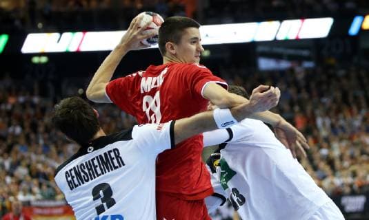 Milan Milic Serbia vs. Uwe Gensheimer Germany in the match Germany vs. Serbia Handball World Championship 2019 Mens Handball on 17 01 2019 in the Mercedes Benz Arena in Berlin Handball World Championship 2019 Group A Germany Serbia