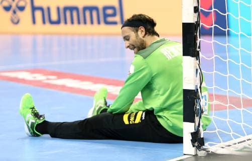 Silvio Heinevetter Germany sits in front of the goal in the match Germany vs. Serbia of the Handball World Championship 2019 Mens 17 01 2019 in the Mercedes Benz Arena in Berlin Handball World Championship 2019 Group A Germany Serbia