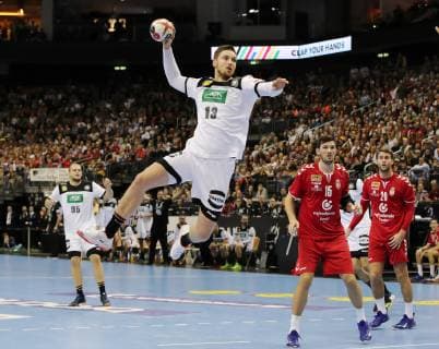 Hendrik Pekeler behind Paul Drux Drasko Nenadic Ivan Mosic Sports Handball World Championship Mens World Championship 2018 2019 17 01 2019 Germany GER DHB vs Serbia SRB