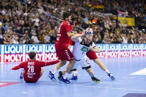 Patrick Wiencek No 7 Germany vs. Ivan Mosic No 20 Serbia Drasko Nenadic No 15 Serbia and Mijajla Marsenic No 33 Serbia Germany vs Serbia Preliminary round Handball IHF Handball World Championship 17 01 19 Berlin Berlin Germany Mercedes Benz Arena Copyright: xAgentur54Gradx xFelixxKoenigx