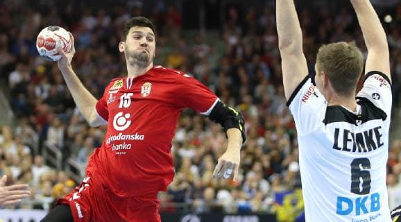 Drasko Nenadic Serbia vs. Finn Lemke Germany at the match Germany vs. Serbia Handball World Championship 2019 Mens Handball on 17 01 2019 in the Mercedes Benz Arena in Berlin Handball World Championship 2019 Group A Germany Serbia